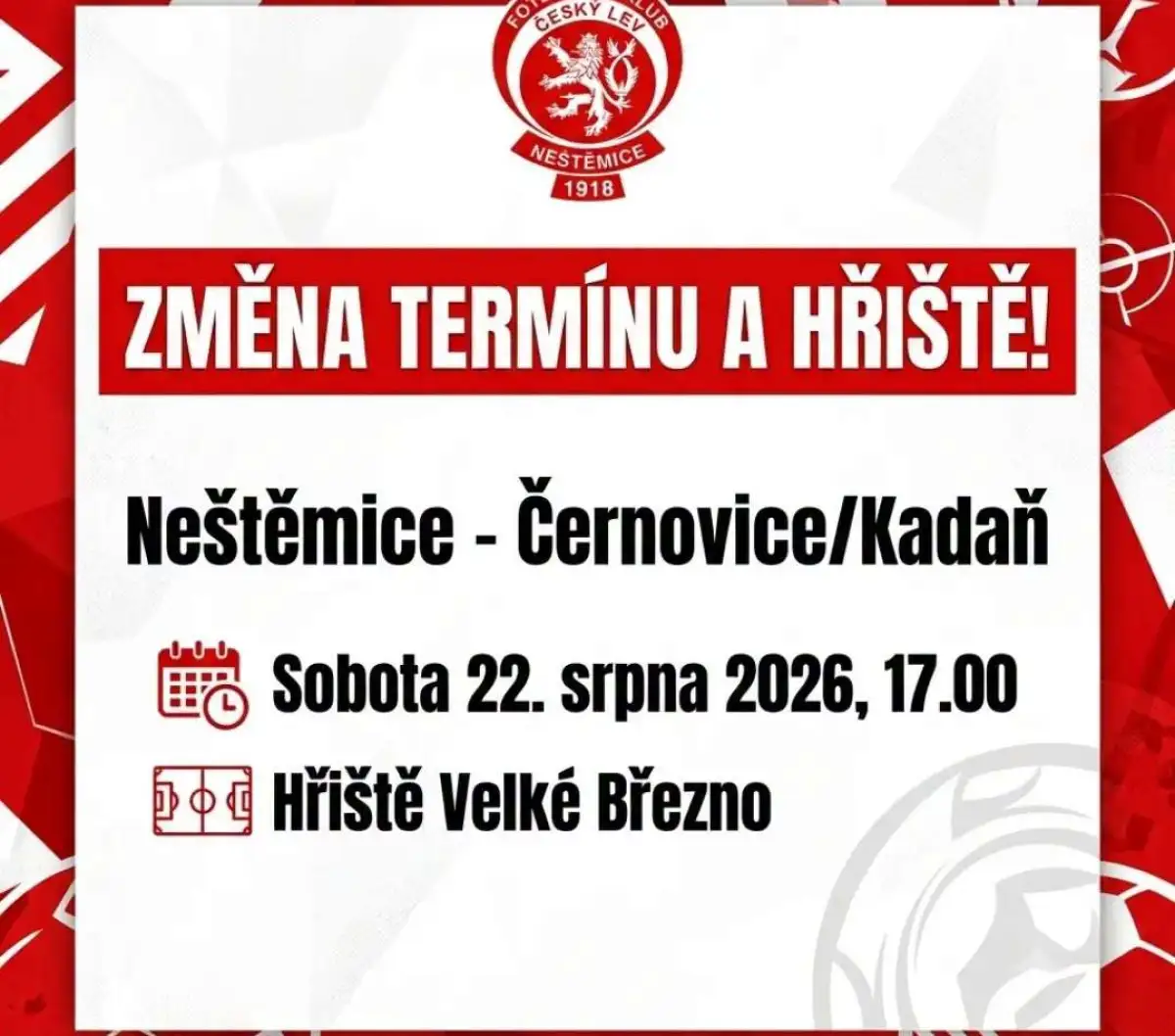 Pozor, změna! Áčko sehraje duel s Černovicemi/Kadaní ve Velkém Březně