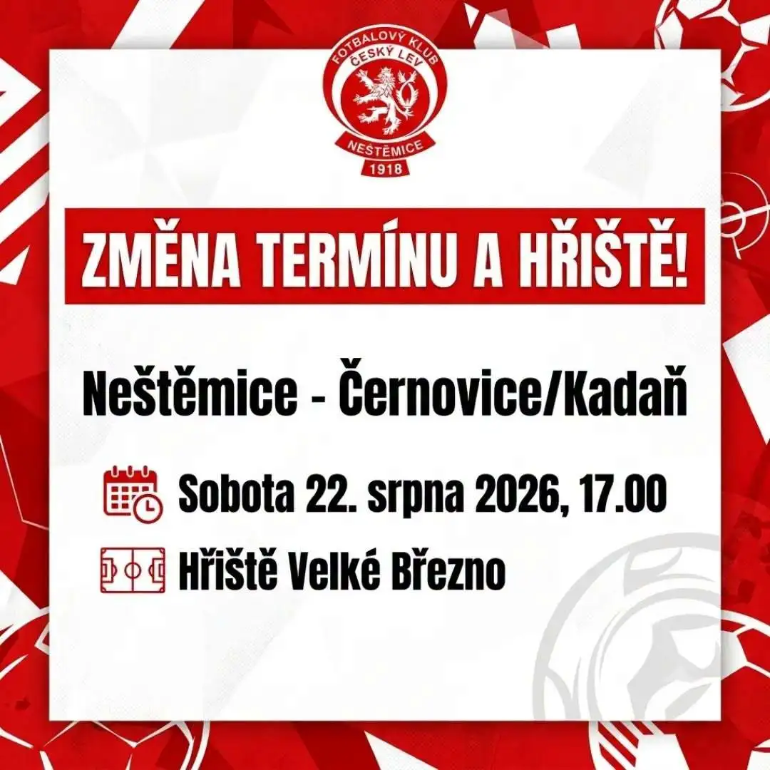 Pozor, změna! Áčko sehraje duel s Černovicemi/Kadaní ve Velkém Březně