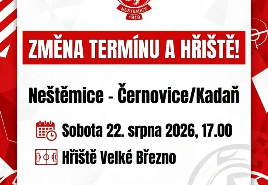 Pozor, změna! Áčko sehraje duel s Černovicemi/Kadaní ve Velkém Březně